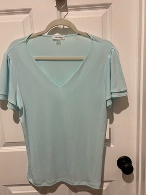 Calvin Klein Mint Blue V-Neck Short Sleeve Top L NWT